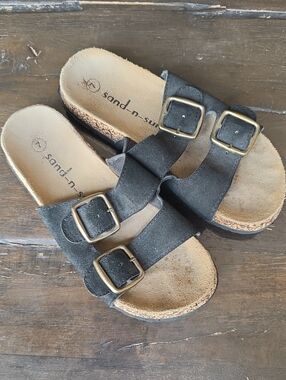(7) Sand_n_Sun Women's Black Double-Buckle Slide Sandals Comfy Summer Vacation